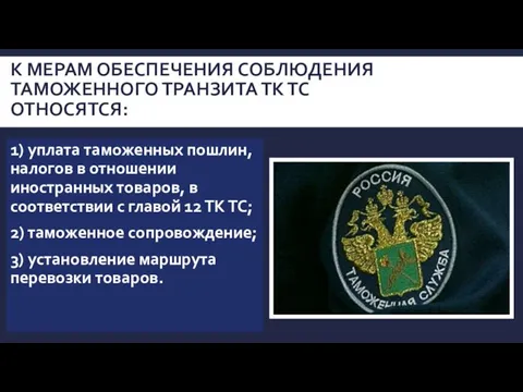 К мерам обеспечения соблюдения таможенного транзита ТК ТС относятся: 1) уплата таможенных