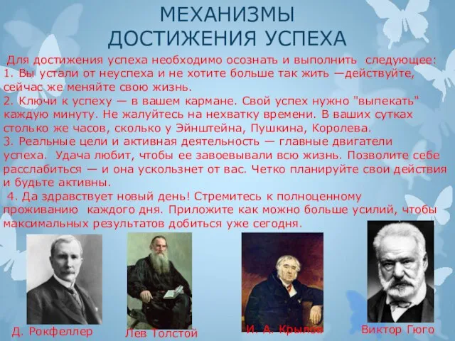 МЕХАНИЗМЫ ДОСТИЖЕНИЯ УСПЕХА Для достижения успеха необходимо осознать и выполнить следующее: 1.