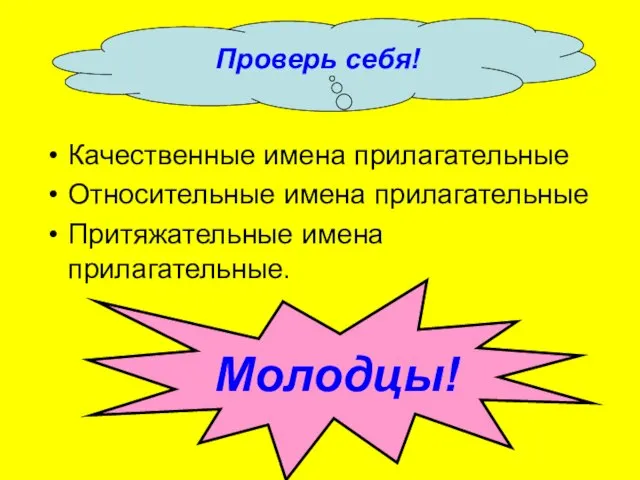 Качественные имена прилагательные Относительные имена прилагательные Притяжательные имена прилагательные. Проверь себя! Молодцы!