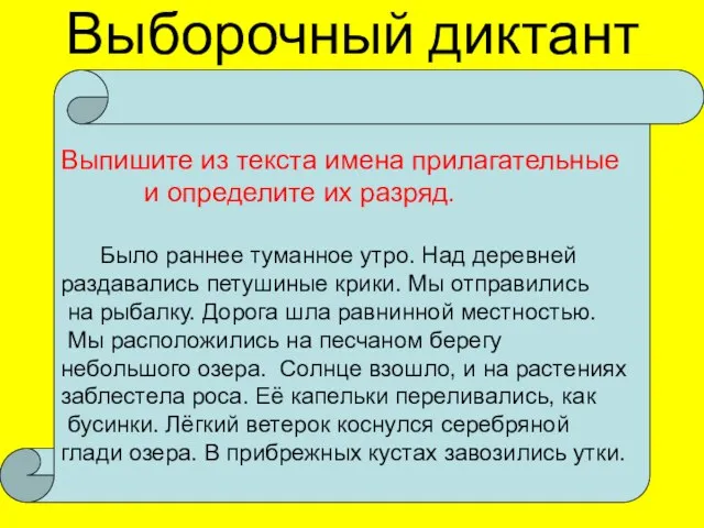 Выборочный диктант Выпишите из текста имена прилагательные и определите их разряд. Было