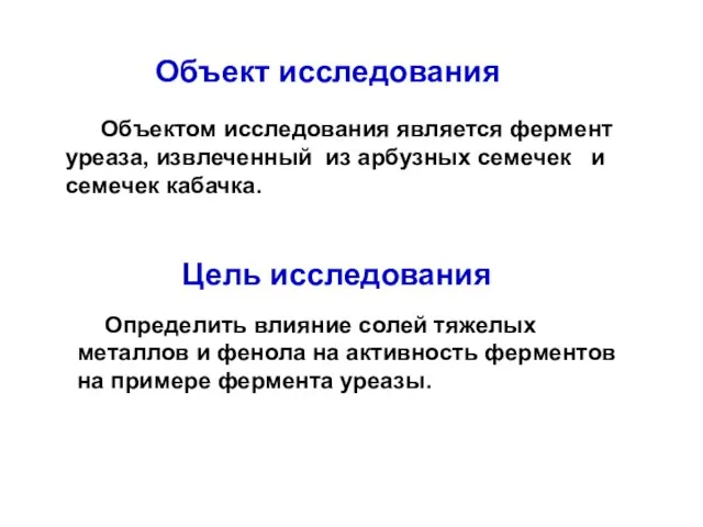 Объект исследования Объектом исследования является фермент уреаза, извлеченный из арбузных семечек и