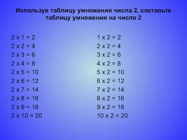 Используя таблицу умножения числа 2, составьте таблицу умножения на число 2 2