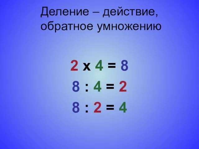 Деление – действие, обратное умножению 2 х 4 = 8 8 :