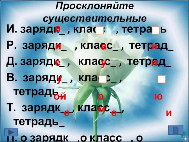 Просклоняйте существительные И. зарядк_ , класс , тетрадь Р. зарядк_ , класс_