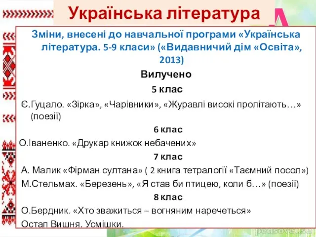 Українська література Зміни, внесені до навчальної програми «Українська література. 5-9 класи» («Видавничий