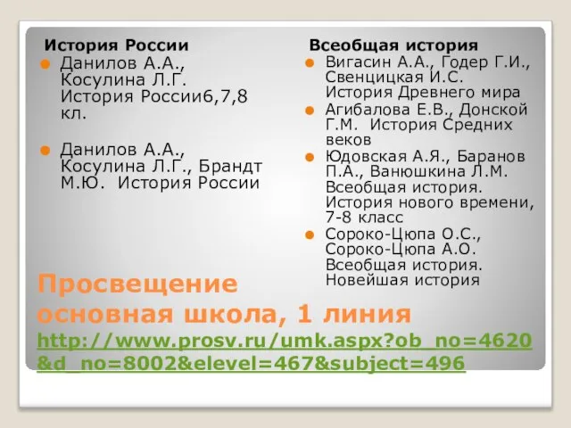 Просвещение основная школа, 1 линия http://www.prosv.ru/umk.aspx?ob_no=4620&d_no=8002&elevel=467&subject=496 История России Данилов А.А., Косулина Л.Г.