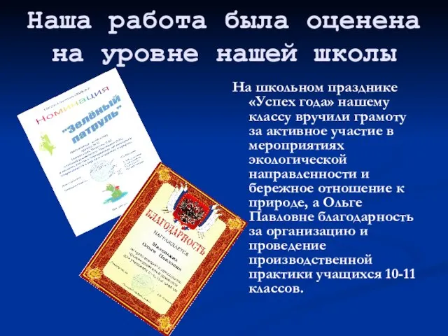 Наша работа была оценена на уровне нашей школы На школьном празднике «Успех