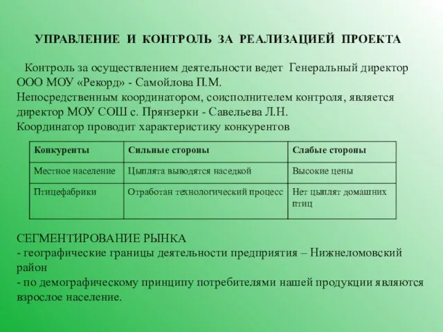 7 УПРАВЛЕНИЕ И КОНТРОЛЬ ЗА РЕАЛИЗАЦИЕЙ ПРОЕКТА Контроль за осуществлением деятельности ведет