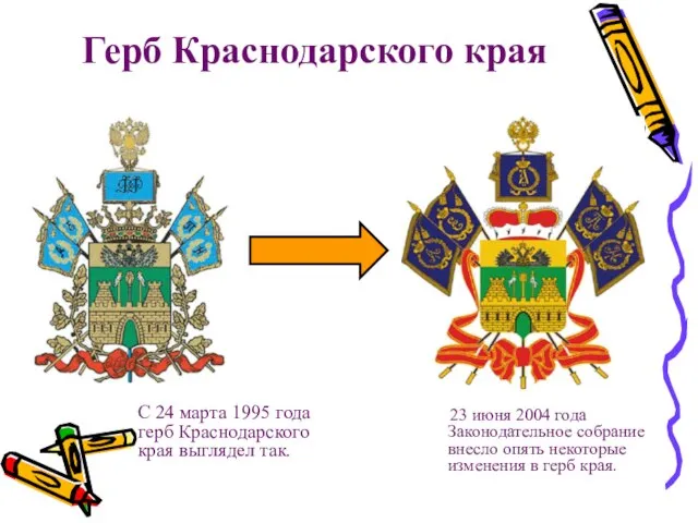 Герб Краснодарского края С 24 марта 1995 года герб Краснодарского края выглядел