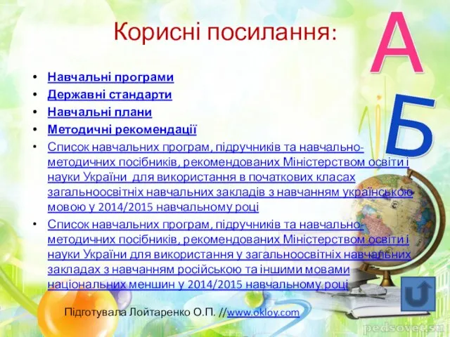 Корисні посилання: Навчальні програми Державні стандарти Навчальні плани Методичні рекомендації Список навчальних