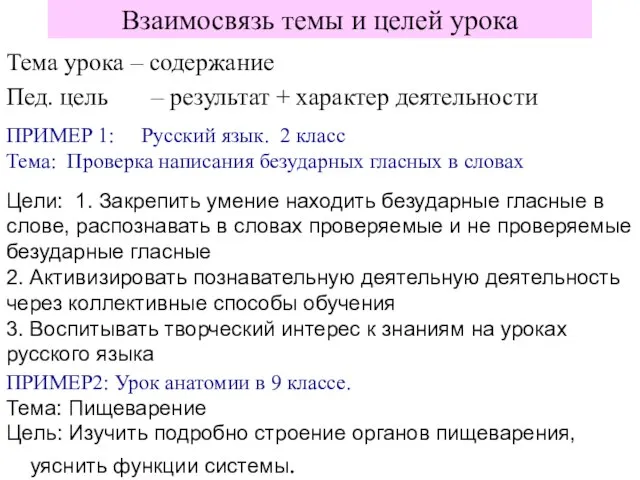 Взаимосвязь темы и целей урока Тема урока – содержание Пед. цель –