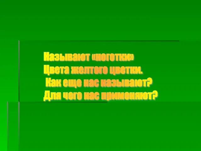 Называют «ноготки» Цвета желтого цветки. Как еще нас называют? Для чего нас применяют?