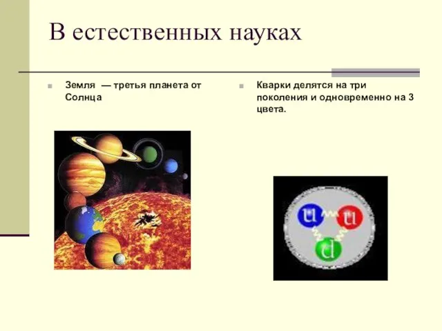 В естественных науках Земля — третья планета от Солнца Кварки делятся на