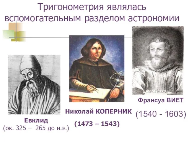 Николай КОПЕРНИК (1473 – 1543) Франсуа ВИЕТ (1540 - 1603) Евклид (ок.