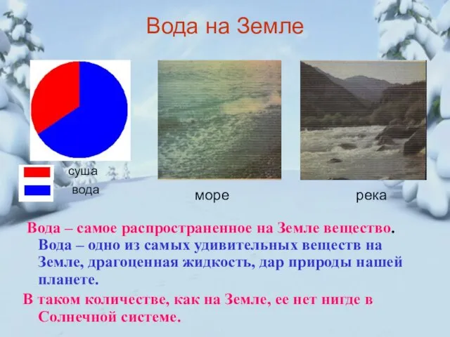 Вода на Земле Вода – самое распространенное на Земле вещество. Вода –