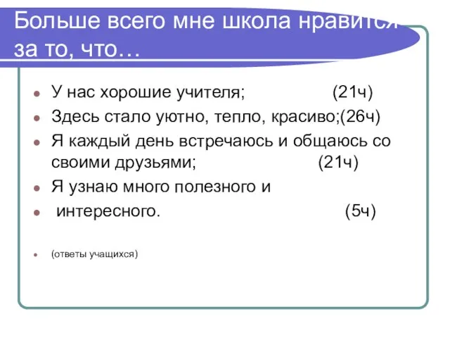 Больше всего мне школа нравится за то, что… У нас хорошие учителя;