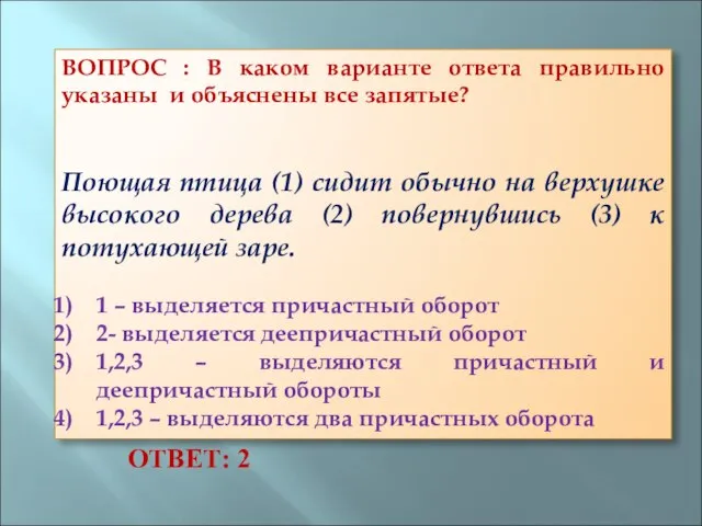 ВОПРОС : В каком варианте ответа правильно указаны и объяснены все запятые?