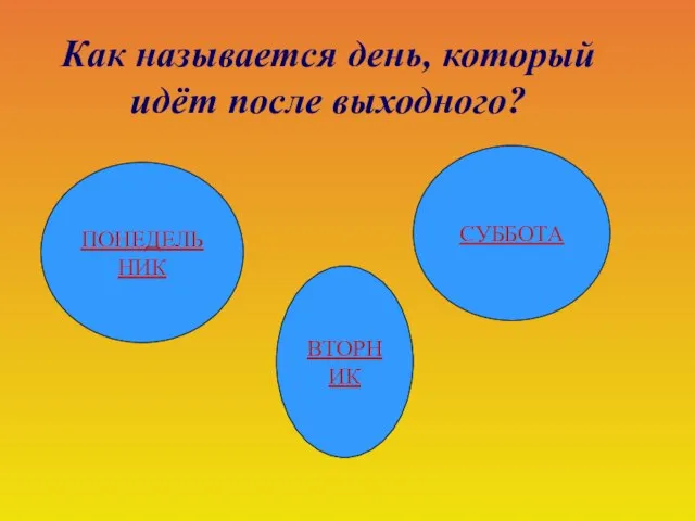 Как называется день, который идёт после выходного? ПОНЕДЕЛЬНИК ВТОРНИК СУББОТА