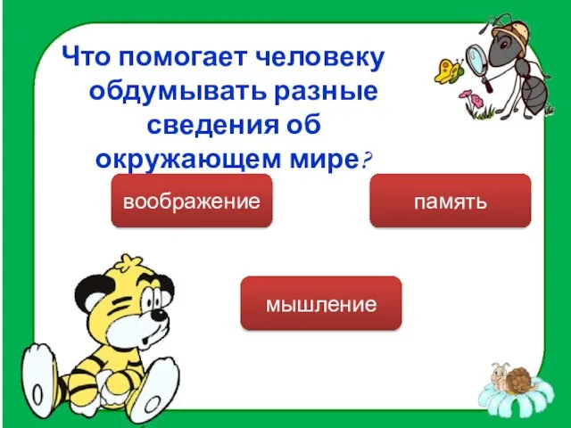 Что помогает человеку обдумывать разные сведения об окружающем мире? мышление воображение память