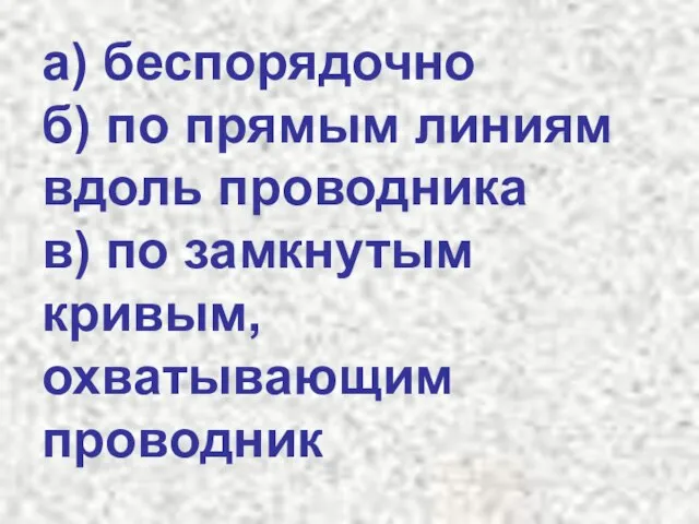 а) беспорядочно б) по прямым линиям вдоль проводника в) по замкнутым кривым, охватывающим проводник