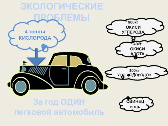 40кг ОКИСИ АЗОТА 200кг УГЛЕВОДОРОДОВ СВИНЕЦ и др. ЭКОЛОГИЧЕСКИЕ ПРОБЛЕМЫ За год