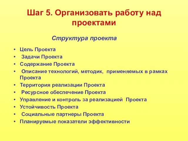 Шаг 5. Организовать работу над проектами Цель Проекта Задачи Проекта Содержание Проекта