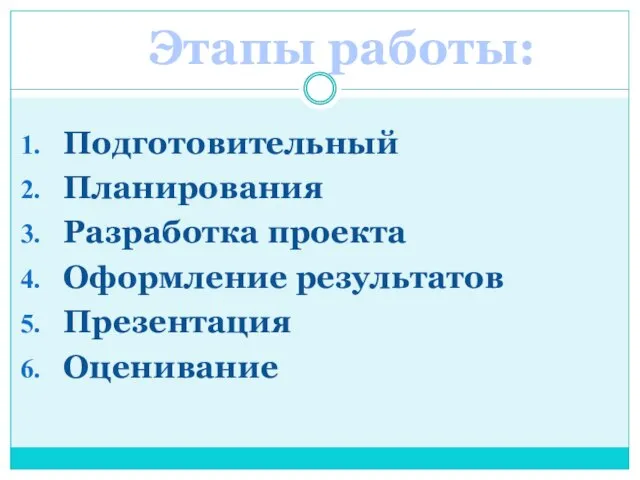 Подготовительный Планирования Разработка проекта Оформление результатов Презентация Оценивание Этапы работы: