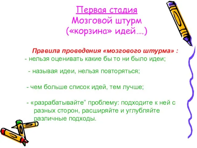 Первая стадия Мозговой штурм («корзина» идей….) Правила проведения «мозгового штурма» : -