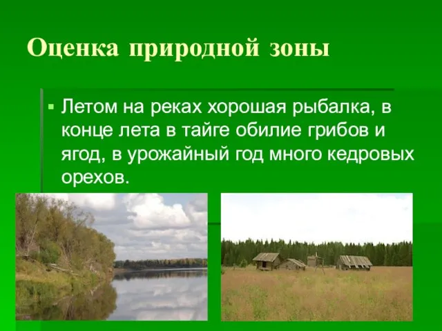 Оценка природной зоны Летом на реках хорошая рыбалка, в конце лета в