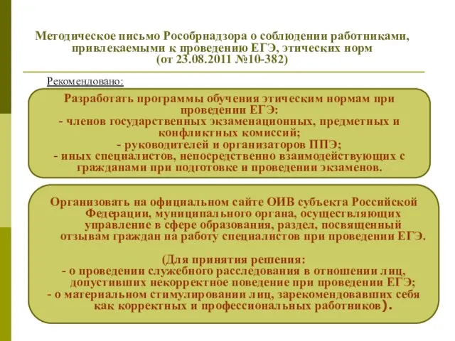 Методическое письмо Рособрнадзора о соблюдении работниками, привлекаемыми к проведению ЕГЭ, этических норм