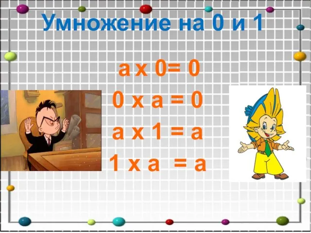 Умножение на 0 и 1 a х 0= 0 0 х а