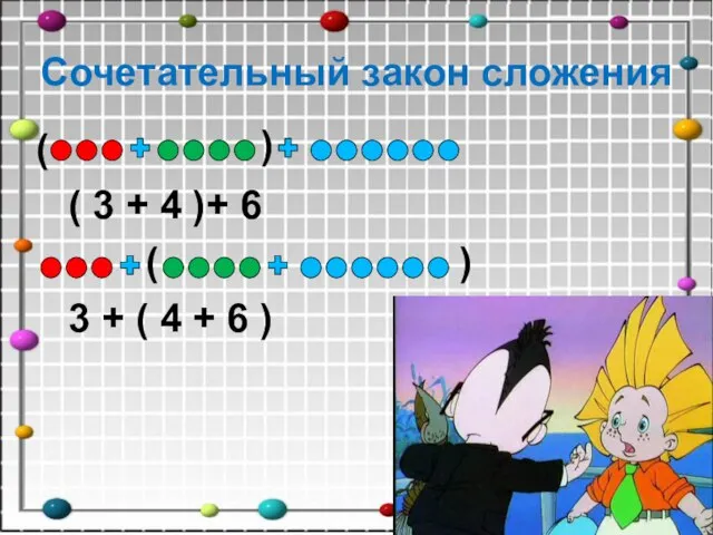 Сочетательный закон сложения ( ( 3 + 4 )+ 6 ( 3