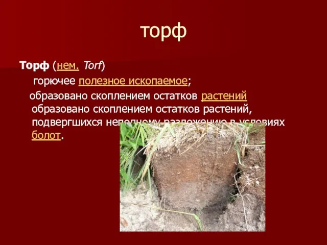 торф Торф (нем. Torf) горючее полезное ископаемое; образовано скоплением остатков растений образовано