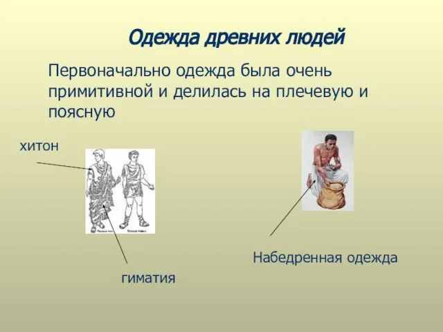 Одежда древних людей хитон гиматия Первоначально одежда была очень примитивной и делилась