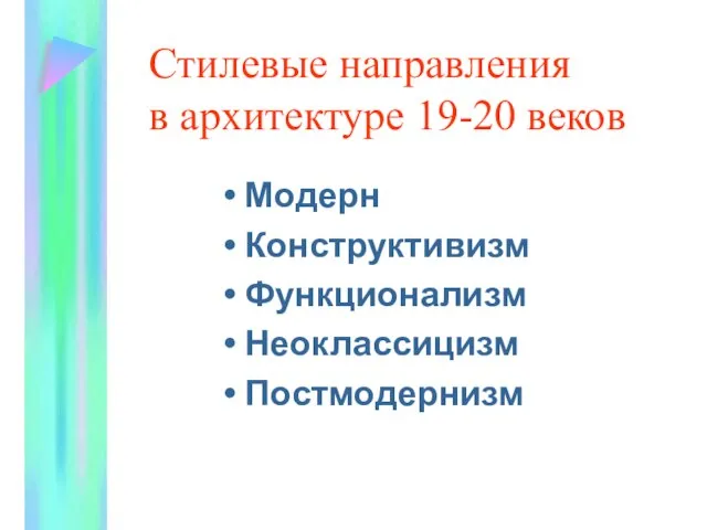 Стилевые направления в архитектуре 19-20 веков Модерн Конструктивизм Функционализм Неоклассицизм Постмодернизм