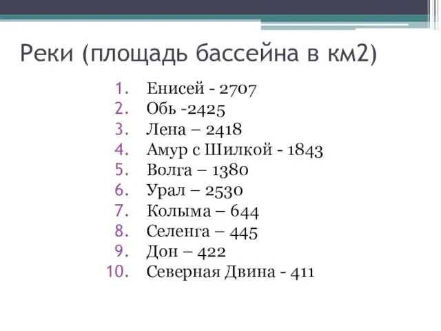 Реки (площадь бассейна в км2) Енисей - 2707 Обь -2425 Лена –