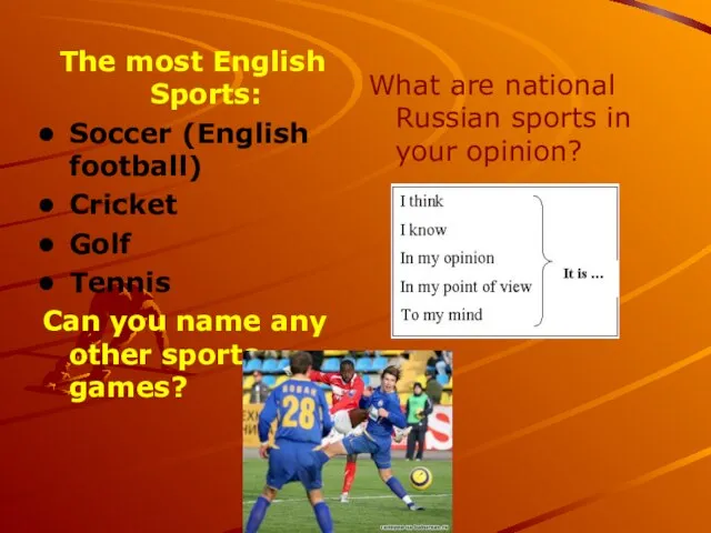 The most English Sports: Soccer (English football) Cricket Golf Tennis Can you