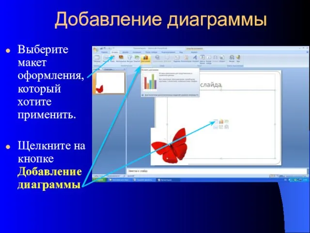 Добавление диаграммы Выберите макет оформления, который хотите применить. Щелкните на кнопке Добавление диаграммы