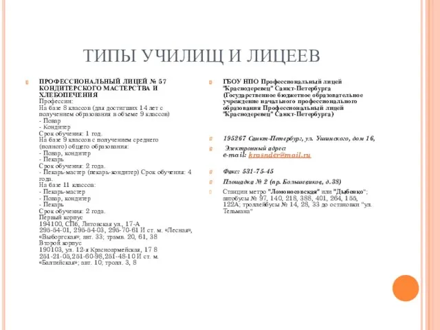 ТИПЫ УЧИЛИЩ И ЛИЦЕЕВ ПРОФЕССИОНАЛЬНЫЙ ЛИЦЕЙ № 57 КОНДИТЕРСКОГО МАСТЕРСТВА И ХЛЕБОПЕЧЕНИЯ