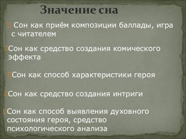 Значение сна Сон как приём композиции баллады, игра с читателем Сон как