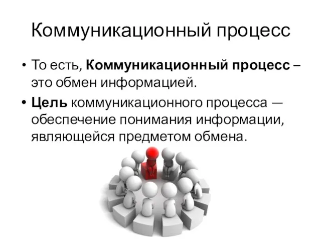 Коммуникационный процесс То есть, Коммуникационный процесс – это обмен информацией. Цель коммуникационного