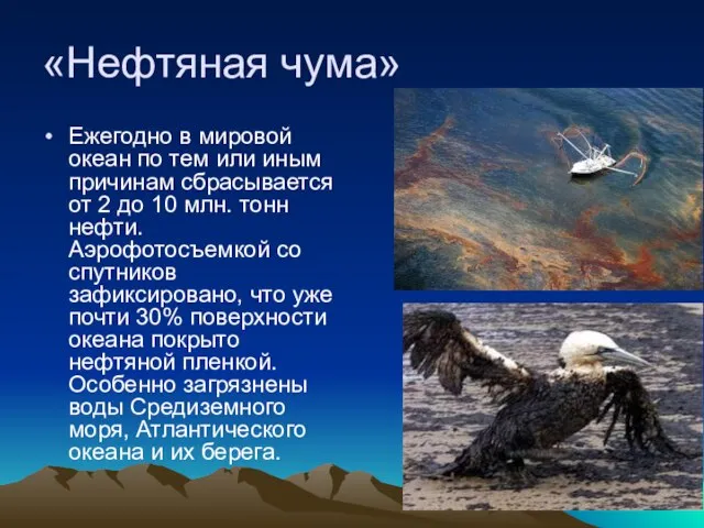 «Нефтяная чума» Ежегодно в мировой океан по тем или иным причинам сбрасывается