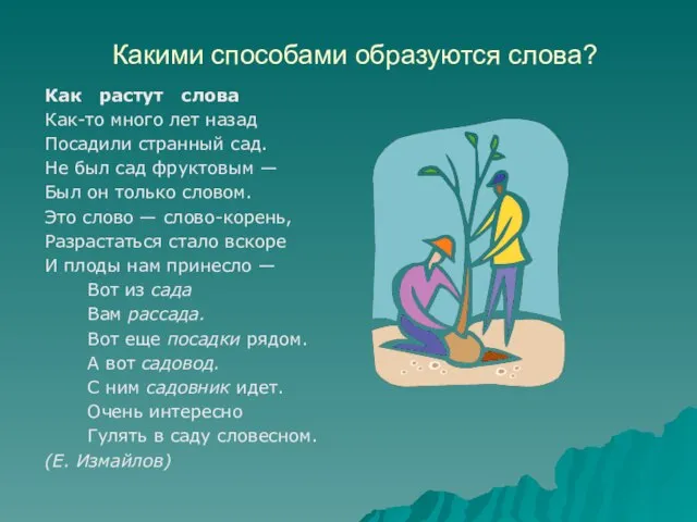 Какими способами образуются слова? Как растут слова Как-то много лет назад Посадили