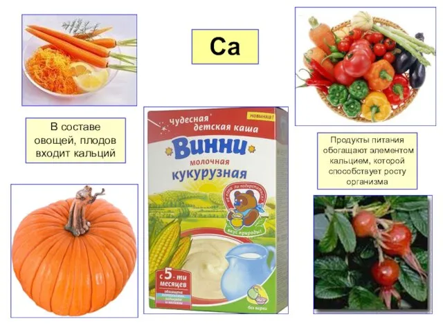 Ca В составе овощей, плодов входит кальций Продукты питания обогащают элементом кальцием, которой способствует росту организма