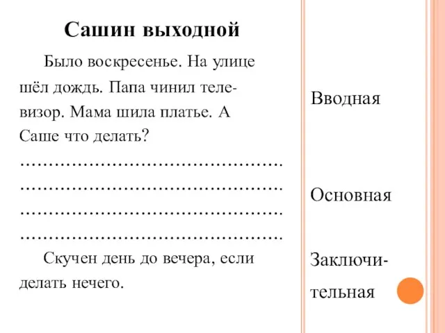 Вводная Основная Заключи- тельная Сашин выходной Было воскресенье. На улице шёл дождь.