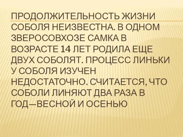 ПРОДОЛЖИТЕЛЬНОСТЬ ЖИЗНИ СОБОЛЯ НЕИЗВЕСТНА. В ОДНОМ ЗВЕРОСОВХОЗЕ САМКА В ВОЗРАСТЕ 14 ЛЕТ