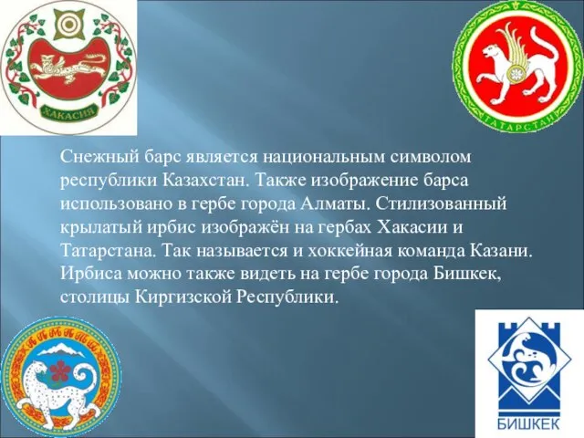 Снежный барс является национальным символом республики Казахстан. Также изображение барса использовано в