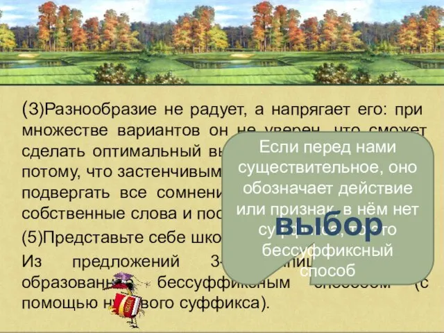 (З)Разнообразие не радует, а напрягает его: при множестве вариантов он не уверен,