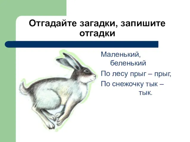 Отгадайте загадки, запишите отгадки Маленький, беленький По лесу прыг – прыг, По снежочку тык – тык.