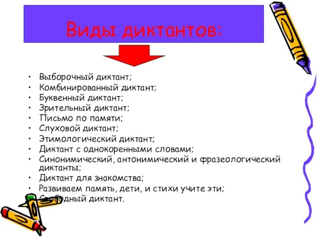 Виды диктантов: Выборочный диктант; Комбинированный диктант; Буквенный диктант; Зрительный диктант; Письмо по